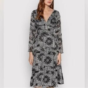 The Kooples V Neck Bandana Print Crepe Midi Dress